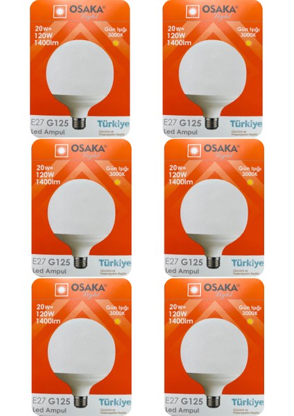 (6 Adet) 20W (120W) 3000K (Sarı Işık) E27 Duylu (Kalın Duy) Glop LED Ampul