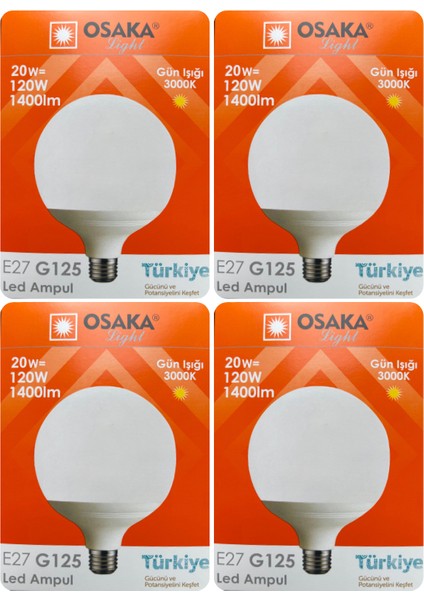 (4 Adet) 20W (120W) 3000K (Sarı Işık) E27 Duylu (Kalın Duy) Glop LED Ampul