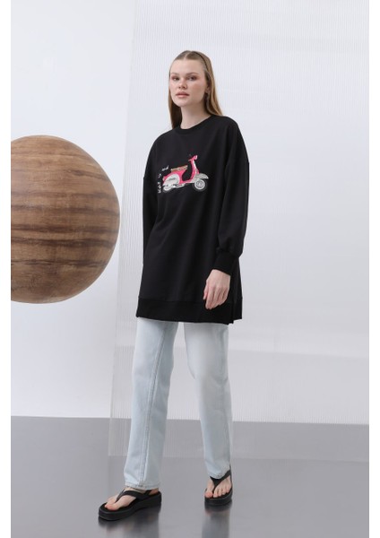 10636 Puane Iki Iplik Kumaş Scooter Nakış Detaylı Tesettür Sweatshirt