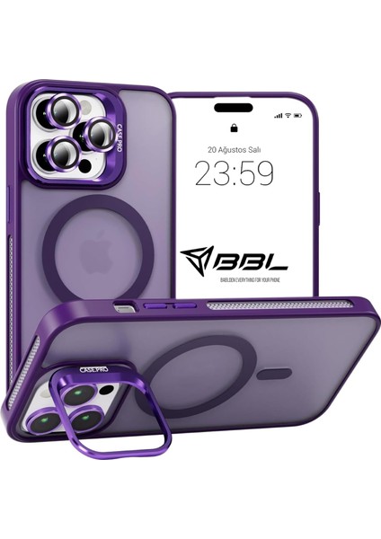 iPhone 14 Pro Max Kılıf Stantlı Kılıf Lens Korumalı Kılıf Mat Magsafe Özellikli Kılıf - Derin Mor