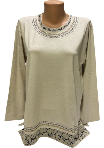 Rahat Kesim Yuvarlak Yaka Taş Işlemeli Kadın Anne Penye Bluz