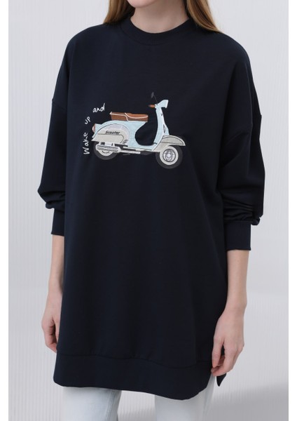 10636 Puane Iki Iplik Kumaş Scooter Nakış Detaylı Tesettür Sweatshirt