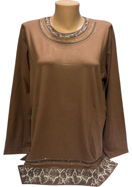 Rahat Kesim Yuvarlak Yaka Taş Işlemeli Kadın Anne Penye Bluz modelleri