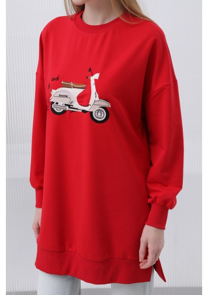 10636 Puane Iki Iplik Kumaş Scooter Nakış Detaylı Tesettür Sweatshirt modelleri