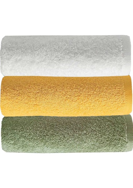 3 lü Düz Renk El Yüz Havlu Seti &amp;#37;100 Pamuklu 50x90 Cm Yeşil Sarı Beyaz modelleri