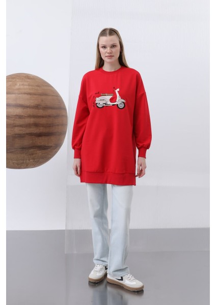 10636 Puane Iki Iplik Kumaş Scooter Nakış Detaylı Tesettür Sweatshirt