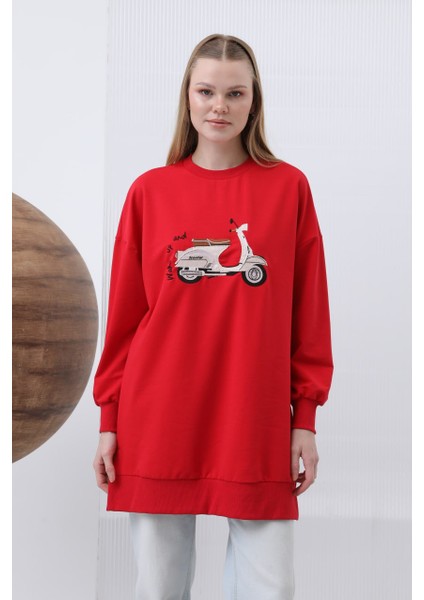 10636 Puane Iki Iplik Kumaş Scooter Nakış Detaylı Tesettür Sweatshirt modelleri