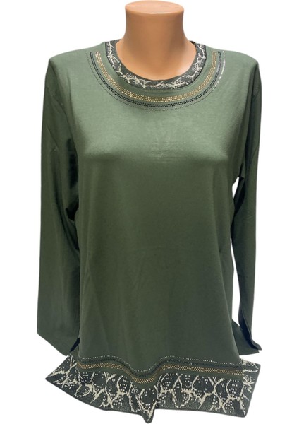 Rahat Kesim Yuvarlak Yaka Taş Işlemeli Kadın Anne Penye Bluz