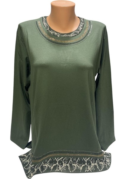 Rahat Kesim Yuvarlak Yaka Taş Işlemeli Kadın Anne Penye Bluz modelleri