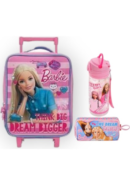 Barbie Çekçekli Anaokulu Çantası ve Barbie Kalem Çantası , Lisanslı Suluk Matara Hediye
