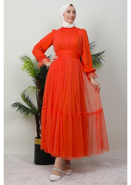 Kuşaklı Fırfırlı Tül Elbise Turuncu