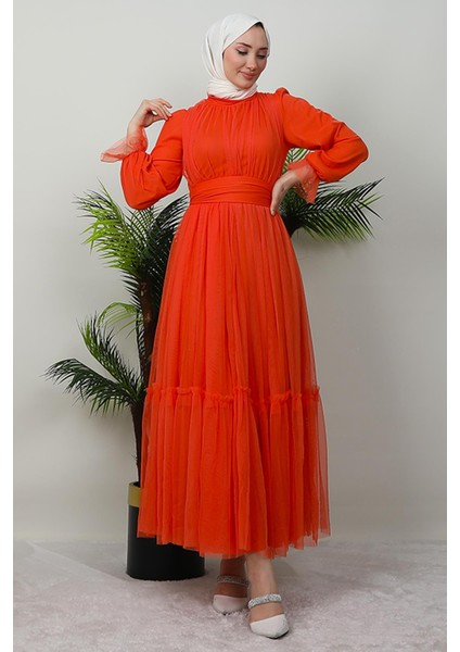 Kuşaklı Fırfırlı Tül Elbise Turuncu fiyatları