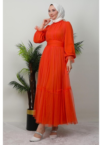 Kuşaklı Fırfırlı Tül Elbise Turuncu modelleri