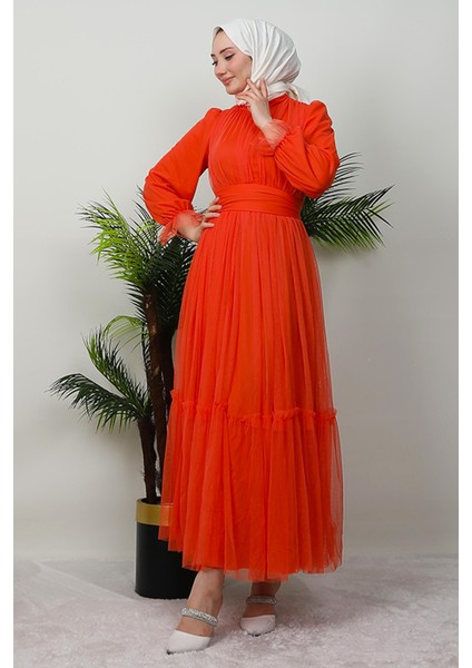 Kuşaklı Fırfırlı Tül Elbise Turuncu fırsatları