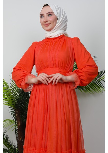 Kuşaklı Fırfırlı Tül Elbise Turuncu indirimleri