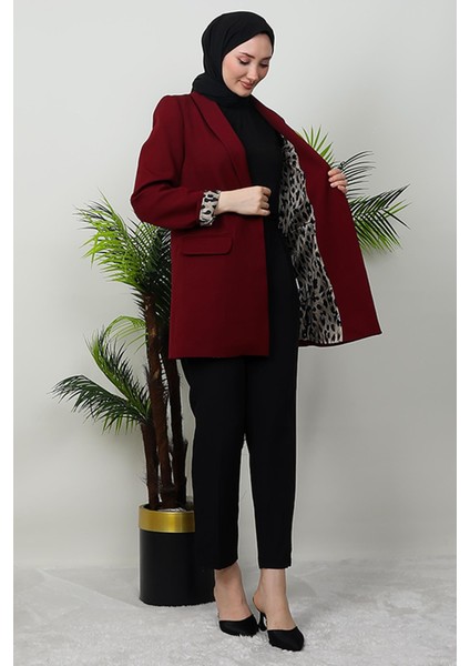 Leopar Astarlı Ceket Bordo