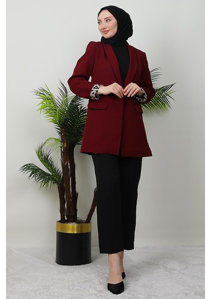 Leopar Astarlı Ceket Bordo