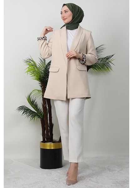 Leopar Astarlı Ceket Krem