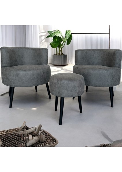 Gri Nubuk Kumaş Çay Seti Ikili Koltuk Berjer ve Puf Takımı (Salon, Balkon, Ofis) 3'lü Takım
