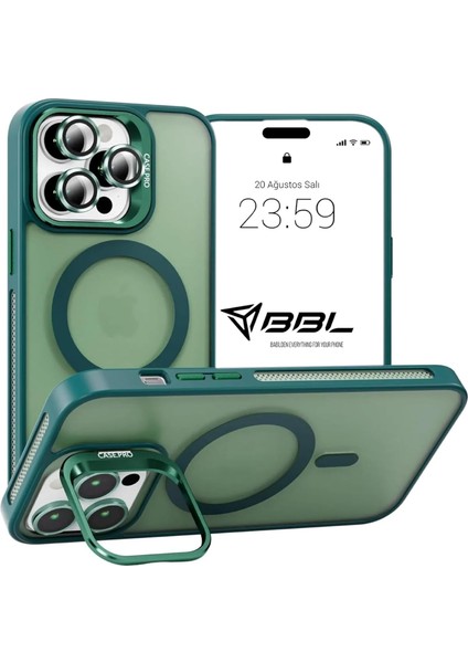 iPhone 13 Pro Max Stantlı Kılıf Lens Korumalı Kılıf Mat Magsafe Özellikli Kılıf - Koyu Yeşil