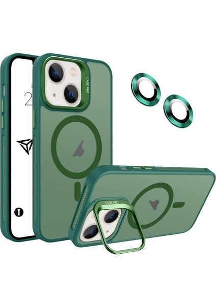 iPhone 12 Stantlı Kılıf Lens Korumalı Kılıf Mat Magsafe Özellikli Kılıf - Koyu Yeşil