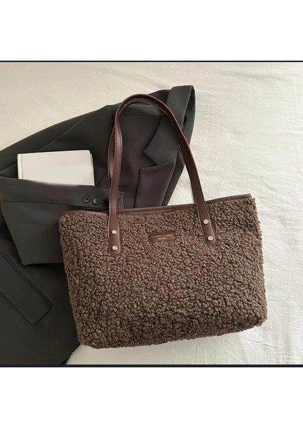 Peluş Kahverengi Tote Büyük Kadın Kol Çantası