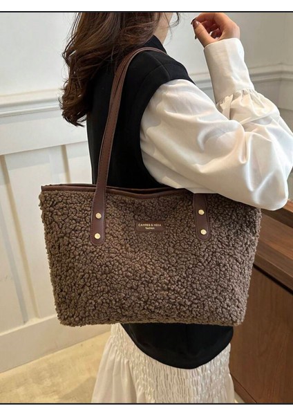 Peluş Kahverengi Tote Büyük Kadın Kol Çantası