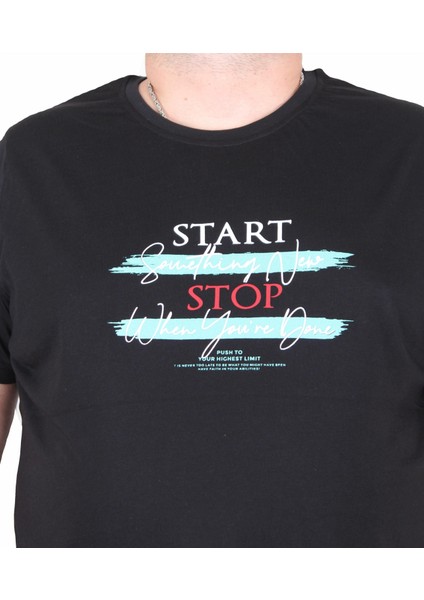 Erkek Büyük Beden Sıfır Yaka Tişört Start Stop 25178 Sıyah fiyatları
