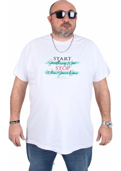 Erkek Büyük Beden Sıfır Yaka Tişört Start Stop 25178 Beyaz