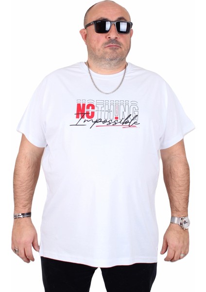 Erkek Büyük Beden Sıfır Yaka Tişört Impossible 25169 Beyaz