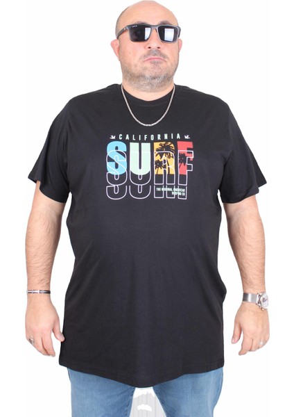 Erkek Büyük Beden Sıfır Yaka Tişört Surf 25144 Sıyah