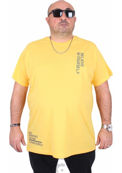 Erkek Büyük Beden Sıfır Yaka Tişört Believe 25157 Sarı