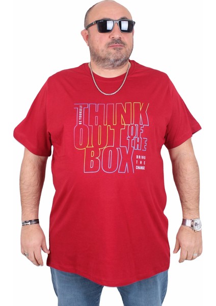 Erkek Büyük Beden Sıfır Yaka Tişört Think Out Box 25163 Bordo