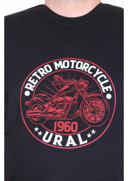 Erkek Büyük Beden Sıfır Yaka Tişört Motorcycle 25171 Sıyah