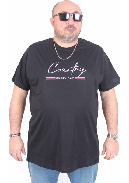 Erkek Büyük Beden Sıfır Yaka Tişört Country 25174 Sıyah