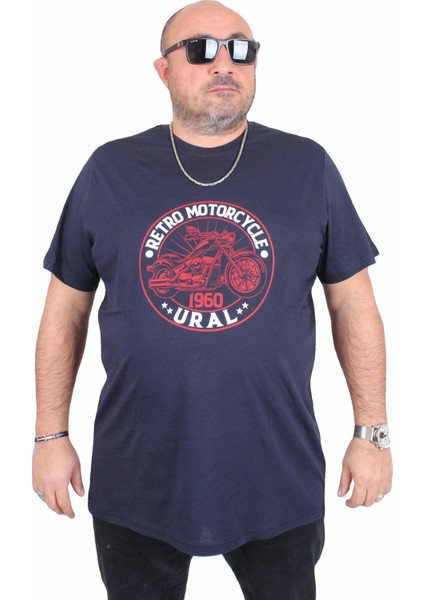 Erkek Büyük Beden Sıfır Yaka Tişört Motorcycle 25171 Lacıvert
