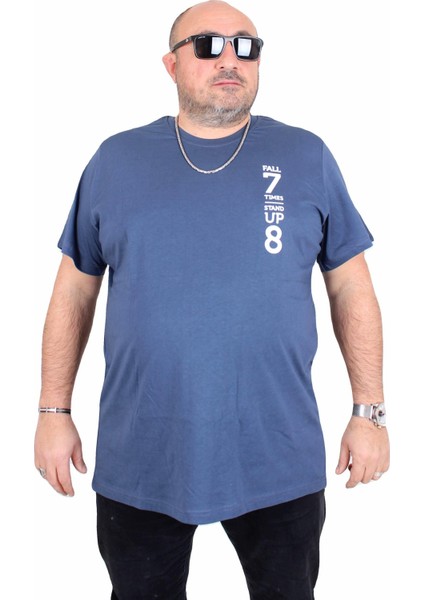 Erkek Büyük Beden Sıfır Yaka Tişört Stand Up 25158 Indıgo