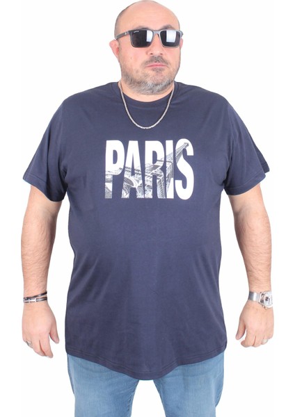 Erkek Büyük Beden Sıfır Yaka Tişört Paris 25179 Lacıvert