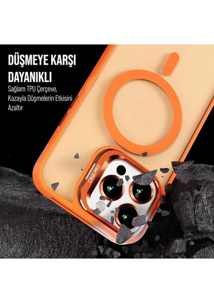 iPhone 12 Stantlı Kılıf Lens Korumalı Kılıf Mat Magsafe Özellikli Kılıf - Turuncu