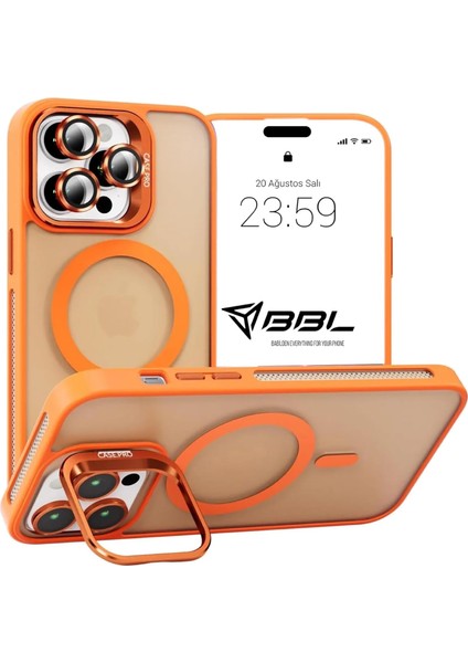 iPhone 15 Pro Max Kılıf Stantlı Kılıf Lens Korumalı Kılıf Mat Magsafe Özellikli Kılıf - Turuncu