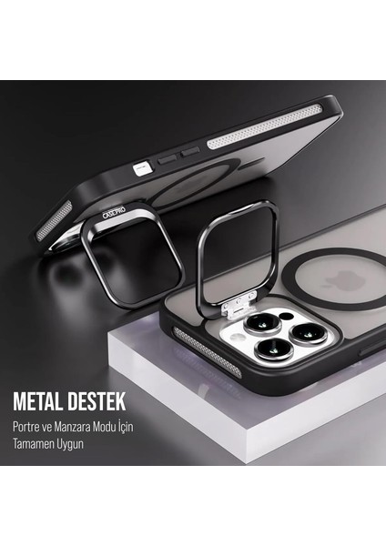 iPhone 12 Stantlı Kılıf Lens Korumalı Kılıf Mat Magsafe Özellikli Kılıf - Siyah