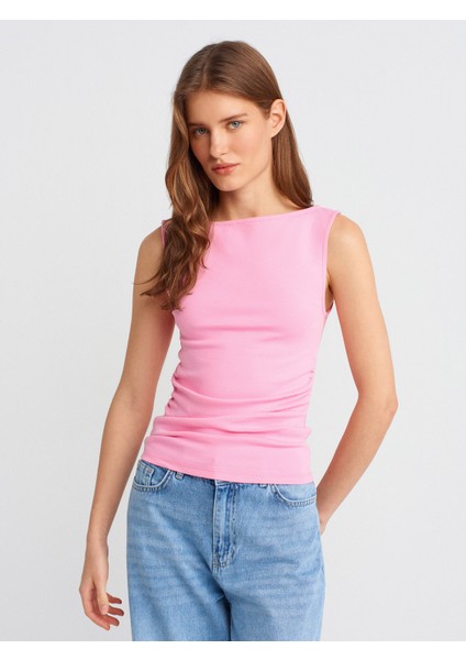 31589 Büzgülü Kayık Yaka Top-Pembe