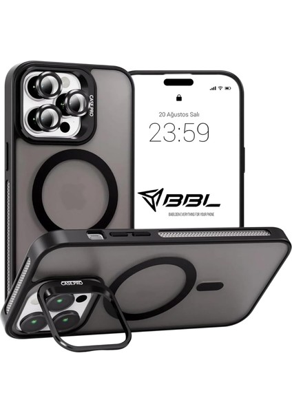 iPhone 14 Pro Max Kılıf Stantlı Kılıf Lens Korumalı Kılıf Mat Magsafe Özellikli Kılıf - Siyah