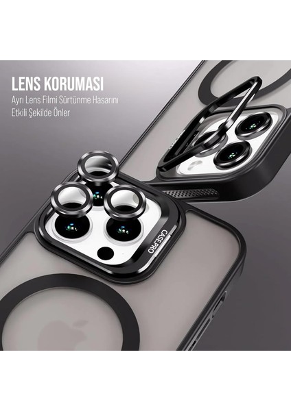 iPhone 14 Pro Max Kılıf Stantlı Kılıf Lens Korumalı Kılıf Mat Magsafe Özellikli Kılıf - Siyah
