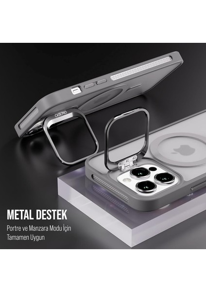 iPhone 13 Pro Max Stantlı Kılıf Lens Korumalı Kılıf Mat Magsafe Özellikli Kılıf - Gri
