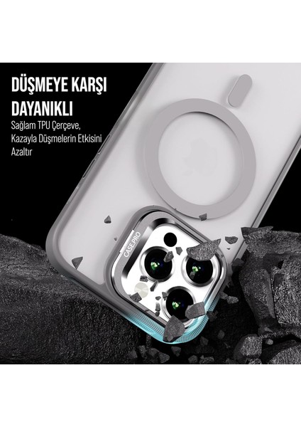 iPhone 13 Pro Max Stantlı Kılıf Lens Korumalı Kılıf Mat Magsafe Özellikli Kılıf - Gri