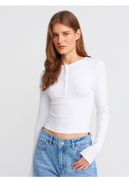 31442 Uzun Kollu Çıtçıt Düğmeli Top-Beyaz