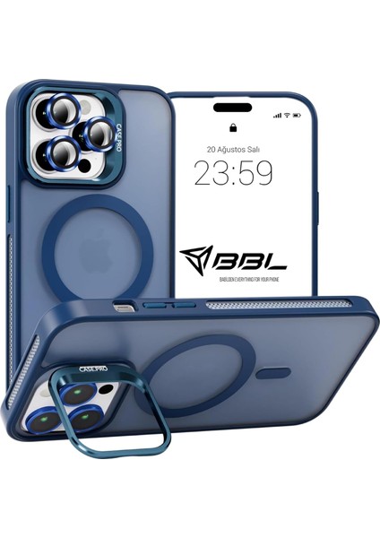 iPhone 13 Pro Max Stantlı Kılıf Lens Korumalı Kılıf Mat Magsafe Özellikli Kılıf - Lacivert