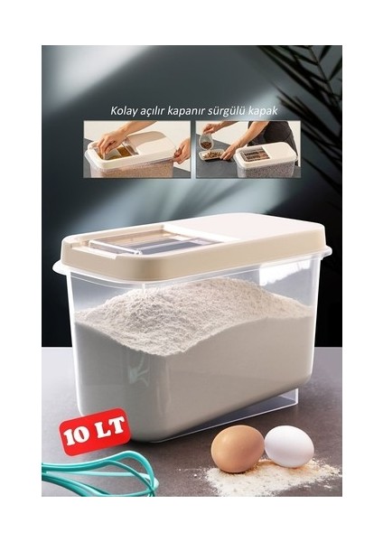 Sürgülü Kapaklı 10 Lt Erzak Bakliyat Un Şeker Saklama Kabı