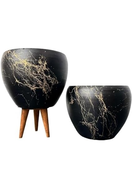 15 cm 3 Ayaklı- Ayaksız - Ikili Set Salon Çiçeklik Saksı Saksılık Efektli Toprak Gold Mermer Siyah Üzeri Ev Dekorasyon Tasarımı Yeni